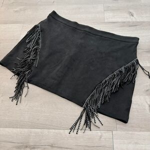 Shein Curve Plus 5X Black Faux Suede Mini Skirt Silver Studded Fringe Festival